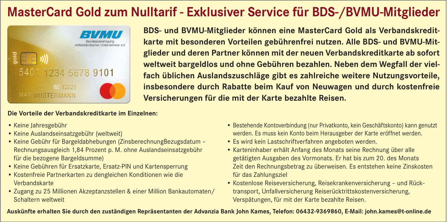 Master Card Gold exklusiv für BDS Mitglieder