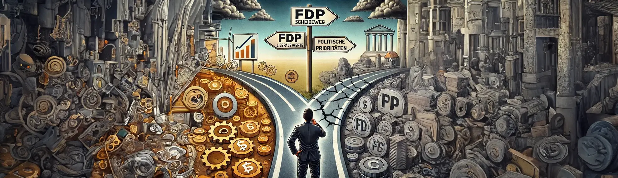 Illustration eines Mannes an einer Weggabelung mit Schildern zur FDP; links Zahnräder und Symbole für Wachstum und Finanzen, rechts zerfallene Gebäude und Trümmer; Beschilderung zeigt 'FDP Scheideweg', 'Liberale Werte' und 'Politische Prioritäten'.