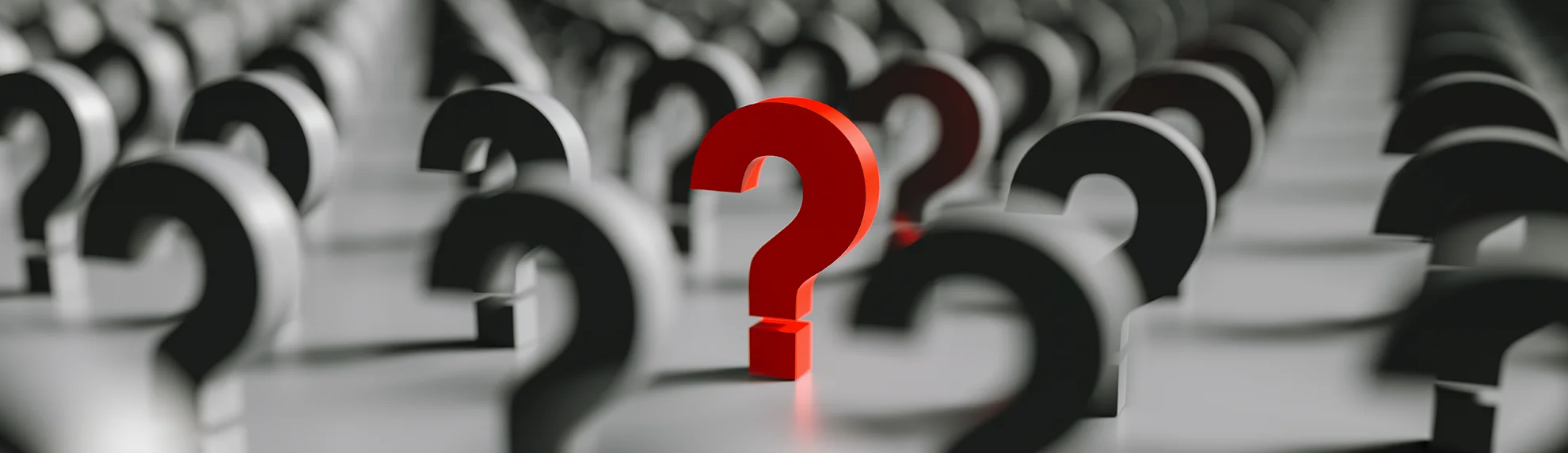 Viele schwarze Fragezeichen auf grauem Hintergrund, in der Mitte ein auffälliges rotes Fragezeichen im Fokus.